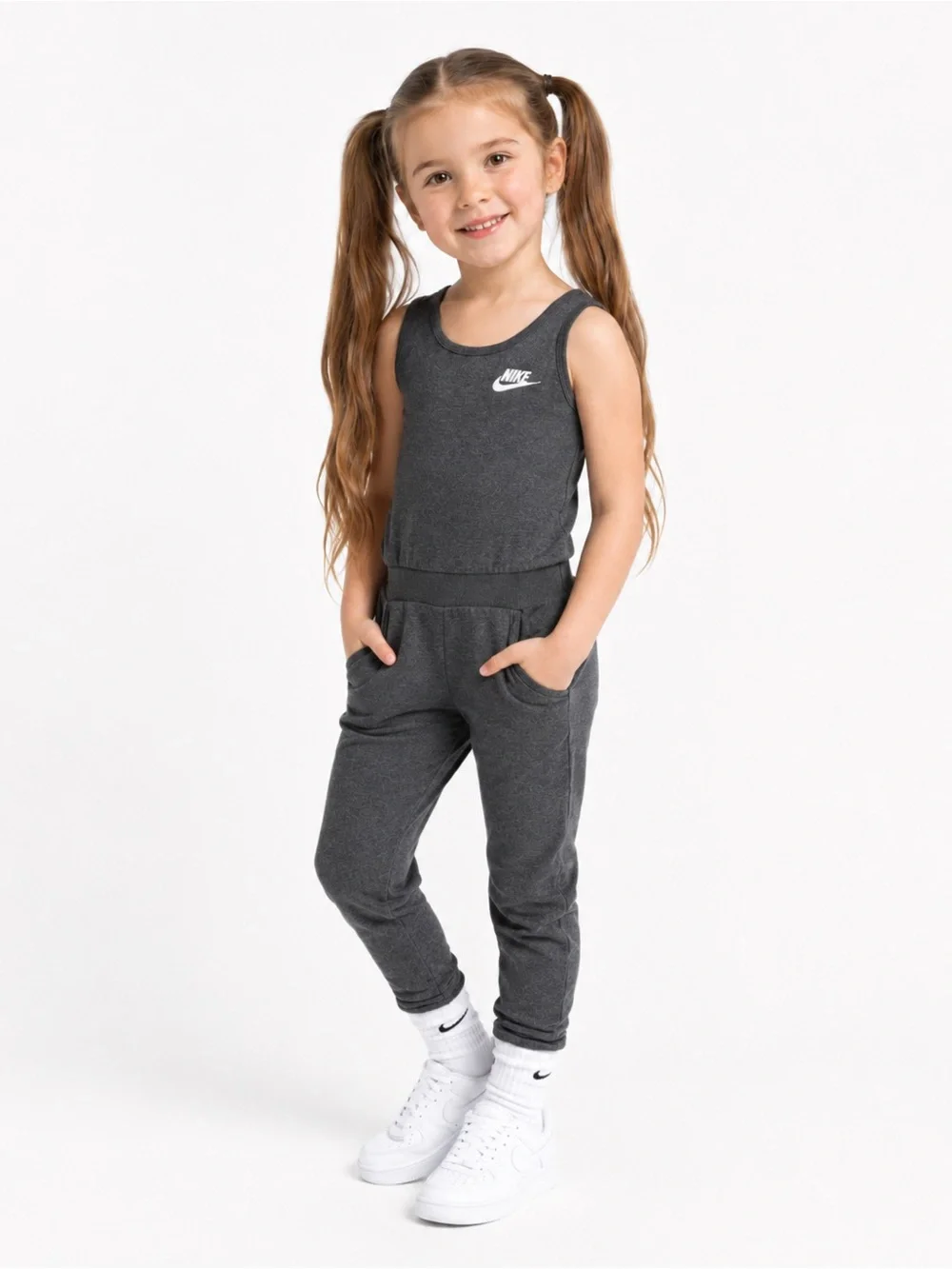 Nike Girls Gray Sleeveless Jogger Jumpsuit Romper Swoosh Pockets Size 6